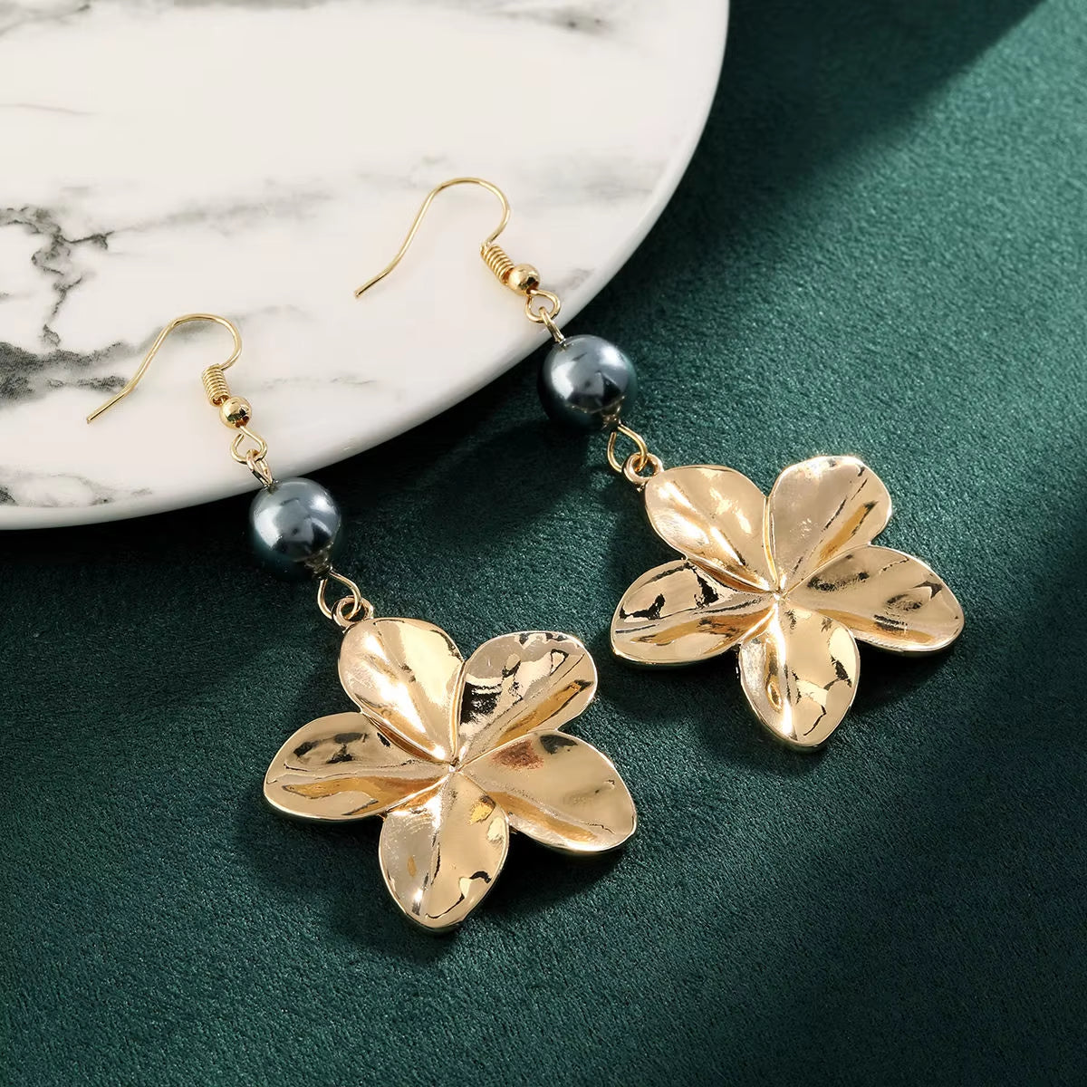 Hawaiian Hibiscus Flower Earring/Necklace Set Pearl Gold Tribal Jewelry Set Gold Plated 