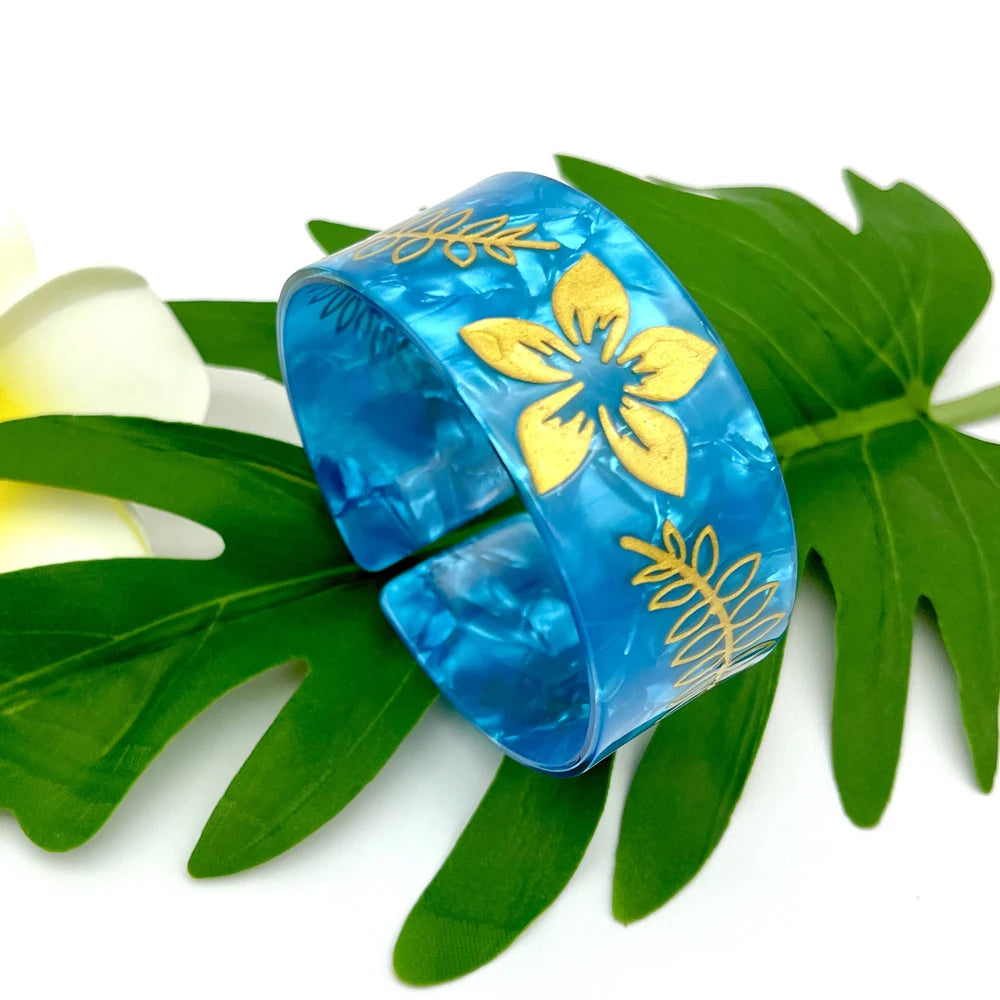 Polynesian Tropical Plumeria Flower Acrylic Cuff Bangles Bracelet