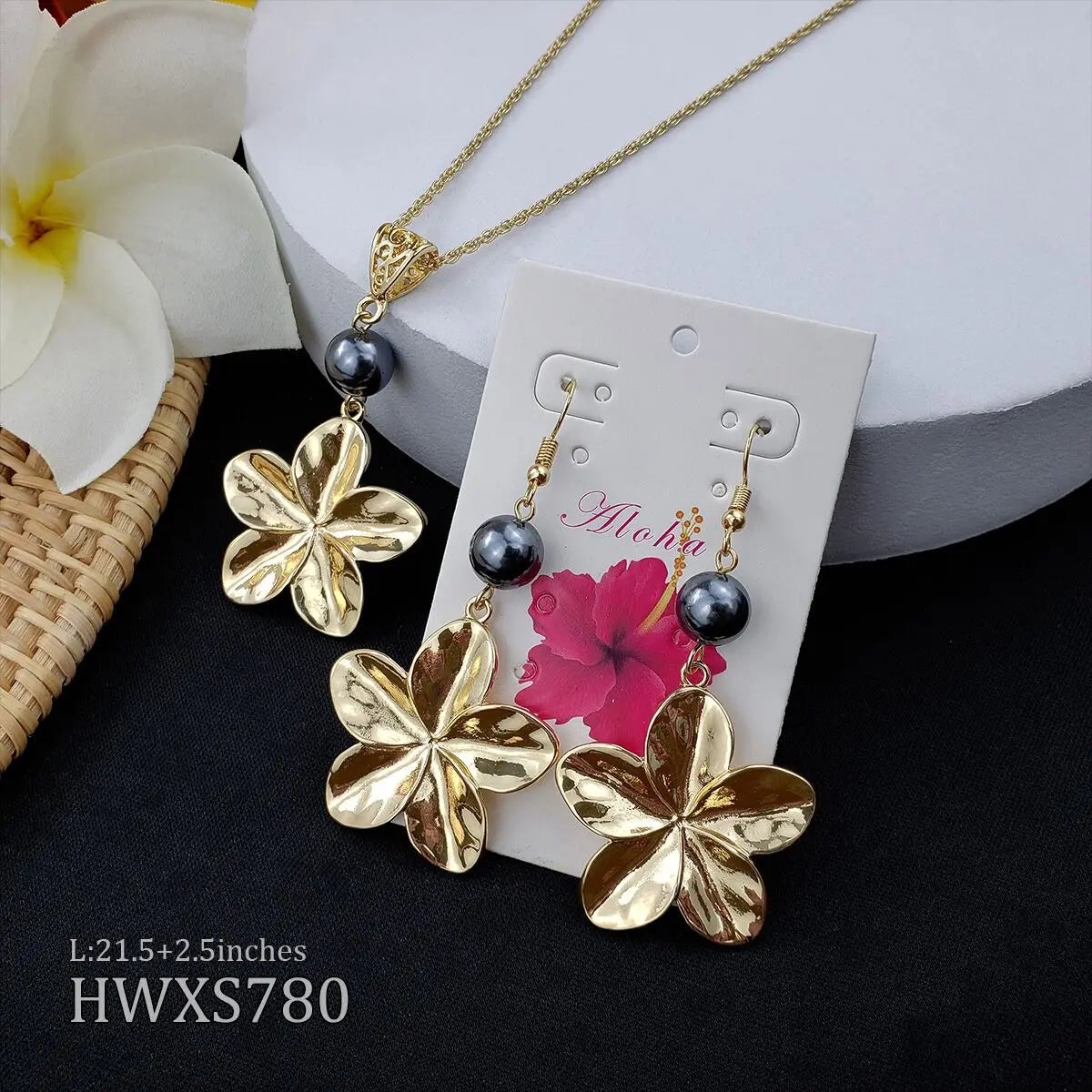 Hawaiian Hibiscus Flower Earring/Necklace Set Pearl Gold Tribal Jewelry Set Gold Plated 