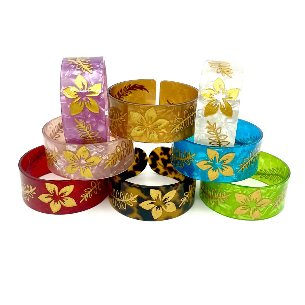 Polynesian Tropical Plumeria Flower Acrylic Cuff Bangles Bracelet